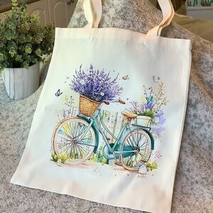 French Lavender Bicycle Canvas Tote Bag NWT 13.5” x 15”